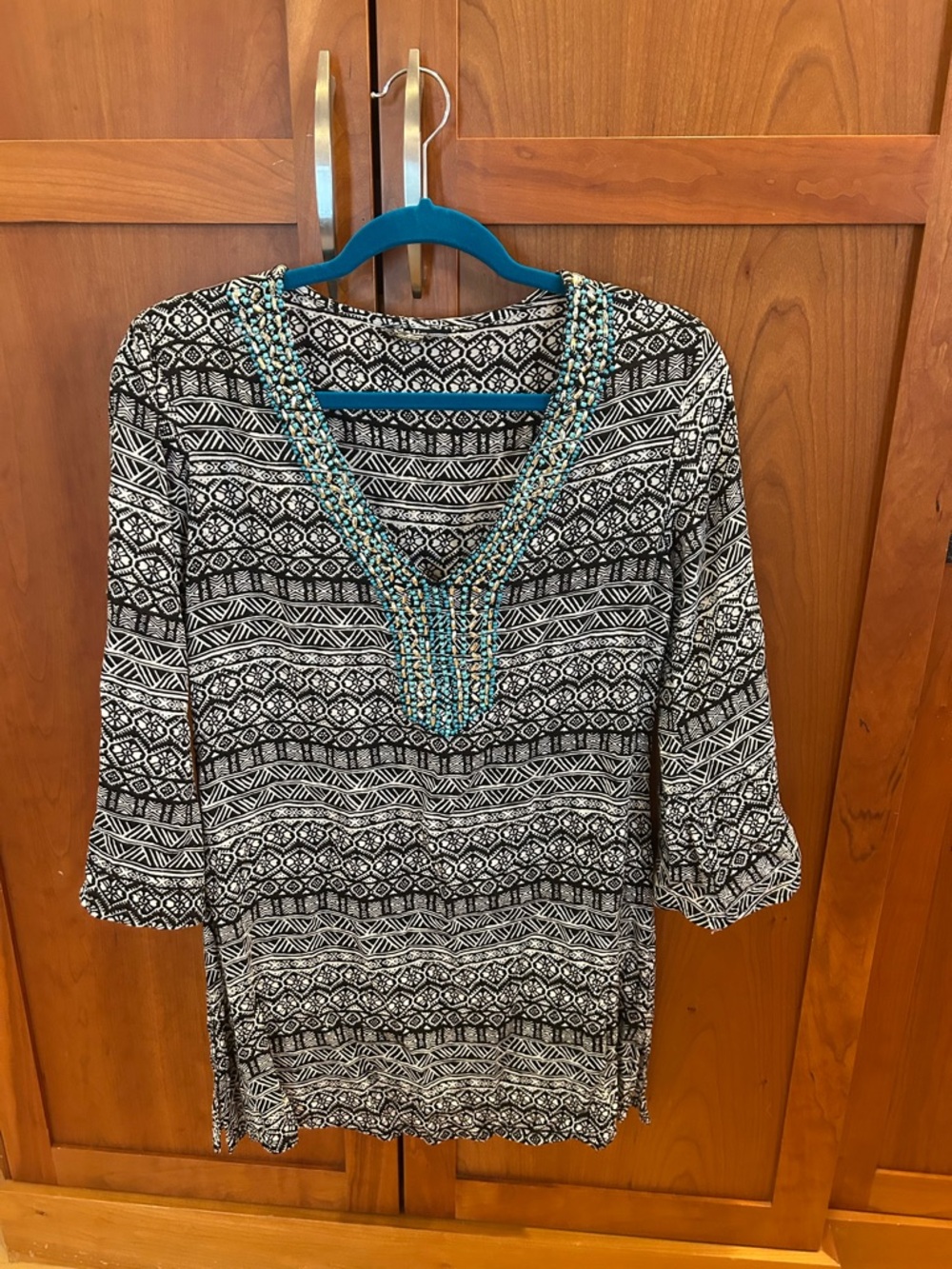 Black & White Patterned Swim Coverup with Turquoise Embroidered V-Neck